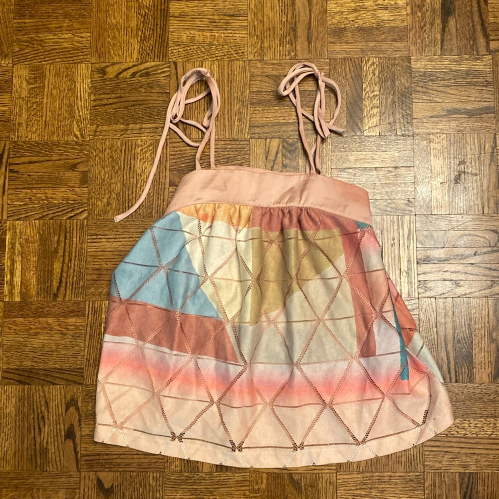 Silk lined geometric Anthropologie tank tie sleeve